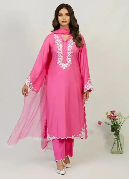 Dilara By Grandeur Pret Embroidered Tissue Silk 3 Piece Suit Hot Pink