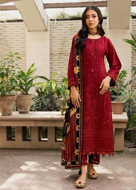 Farasha Embroidered Khaddar Suits Unstitched 3 Piece FSH21K 01 Carmine - Winter Collection