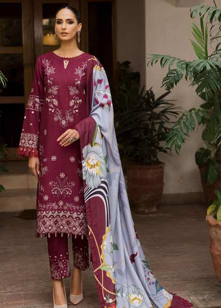 Farasha Embroidered Khaddar Suits Unstitched 3 Piece FSH21K 06 Dark Mulberry - Winter Collection