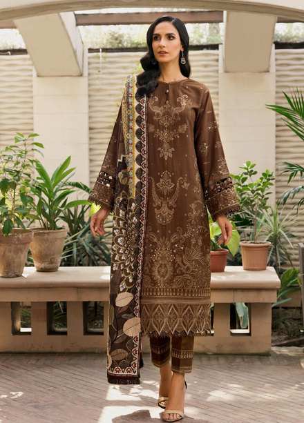 Farasha Embroidered Khaddar Suits Unstitched 3 Piece FSH21K 08 Brown Heather - Winter Collection