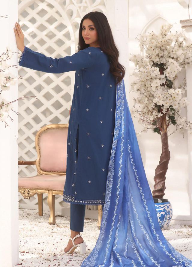Fascino Pret Embroidered Cotton 3 Piece Suit Blue Orchide