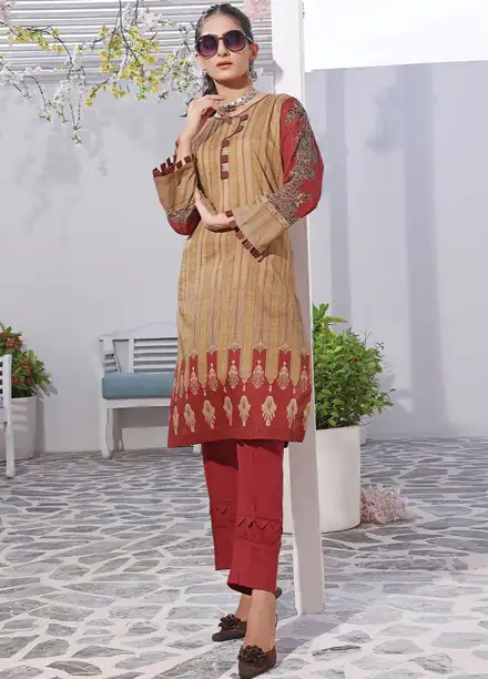 Fiona Pret Casual Lawn Kurti Maroon Estuarine