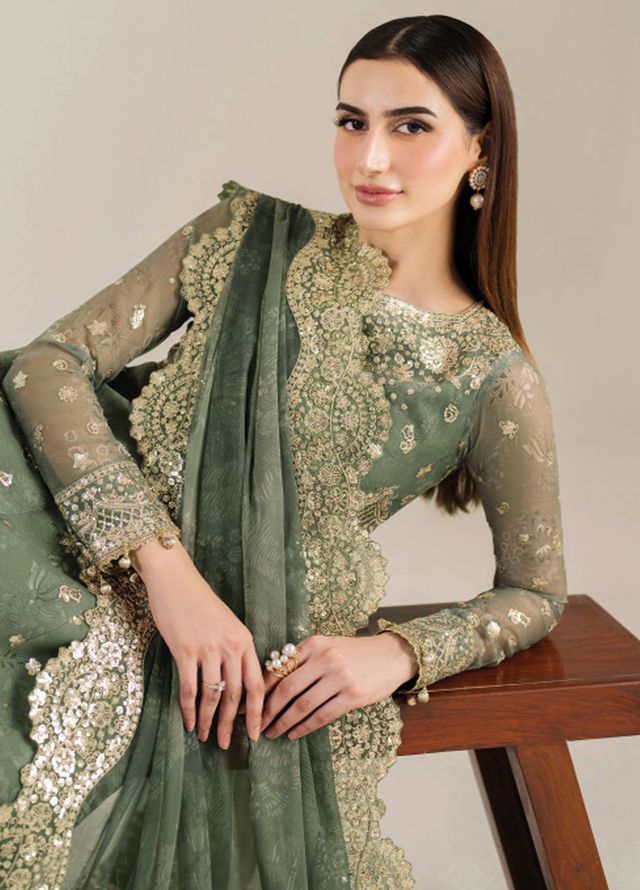 Fiorella by Farasha Embroidered Chiffon Suits Unstitched 3 Piece FSH25FF D-06 Olive Aura - Formals Collection