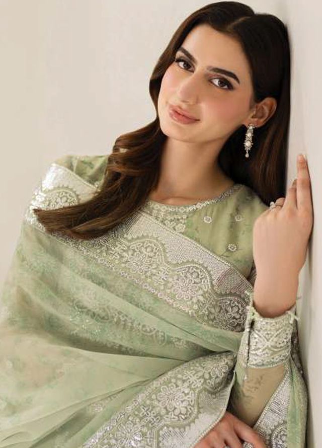 Fiorella by Farasha Embroidered Chiffon Suits Unstitched 3 Piece FSH25FF D-08 Sage Sparkle - Formals Collection