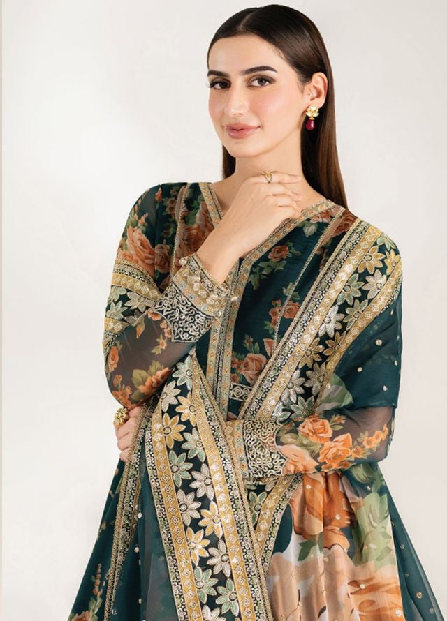 Fiorella by Farasha Embroidered Chiffon Suits Unstitched 3 Piece FSH25FF D-09 Teal Passion - Formals Collection
