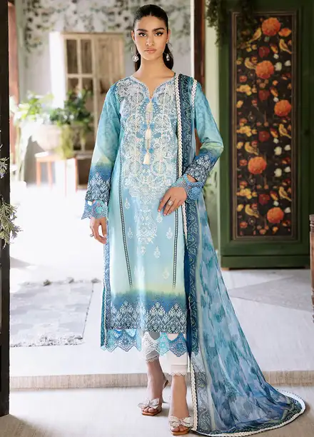 Flora by Roheenaz Printed Lawn Suit Unstitched 3 Piece RNZ24F RNP-01B Azure - Summer Collection