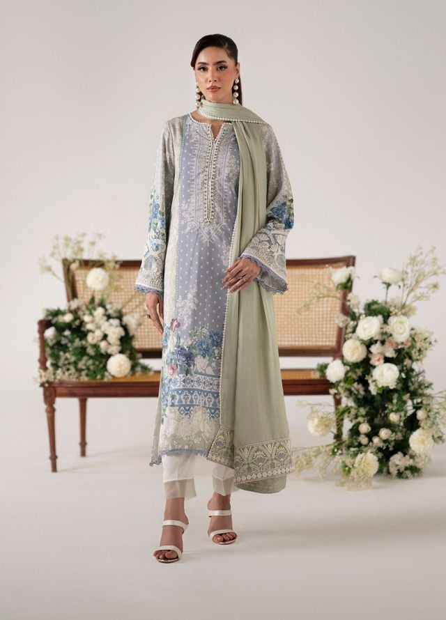 Floral Whimsy by Mehak Yaqoob Pret Embroidered Raw Silk 3 Piece Suit Bluebell