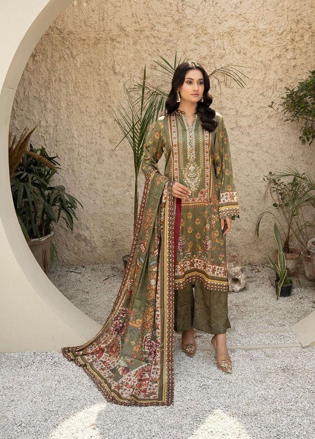 Fluer Prints by Ziara Printed Cambric Suits Unstitched 3 Piece ZI25FP Olive Oasis - Summer Collection
