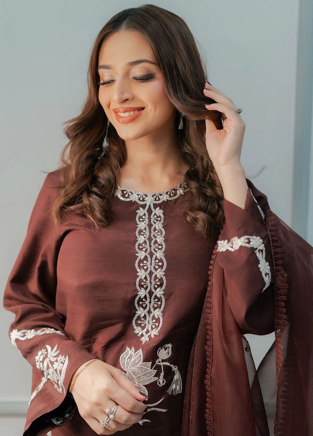Fozia Khalid Pret Embroidered Silk 3 Piece Suit Dusk