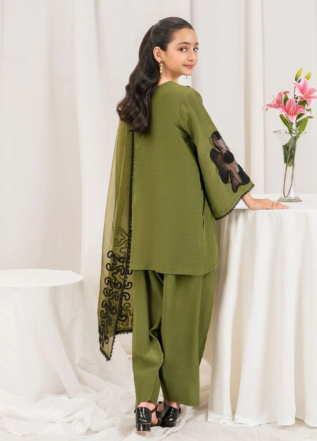 Fozia Khalid Pret Embroidered Silk 3 Piece Suit Olive Kids