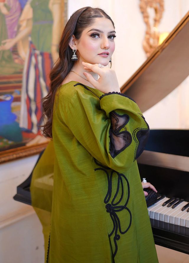 Fozia Khalid Pret Embroidered Silk 3 Piece Suit Olive