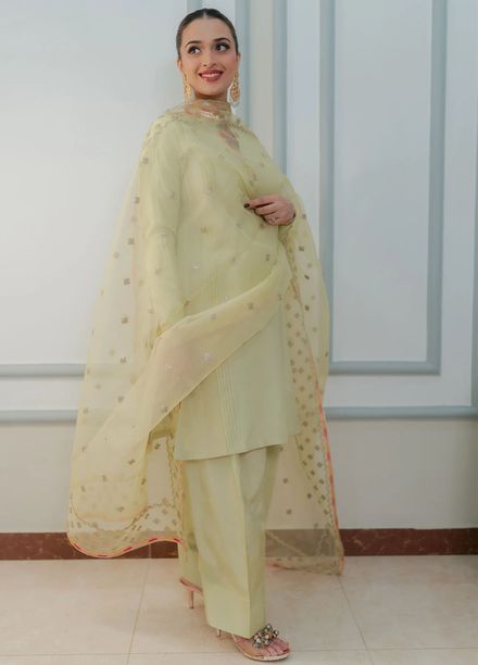 Fozia Khalid Pret Embroidered Silk 3 Piece Suit Pistachio