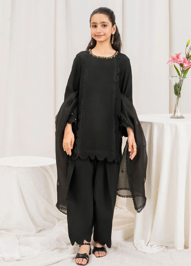 Fozia Khalid Pret Embroidered Silk 3 Piece Suit Raven Kids