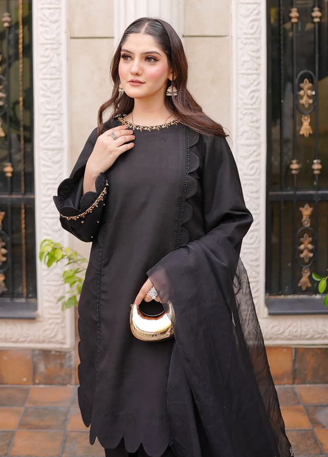 Fozia Khalid Pret Embroidered Silk 3 Piece Suit Raven