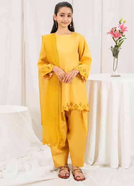 Fozia Khalid Pret Embroidered Silk 3 Piece Suit Saffron Kids