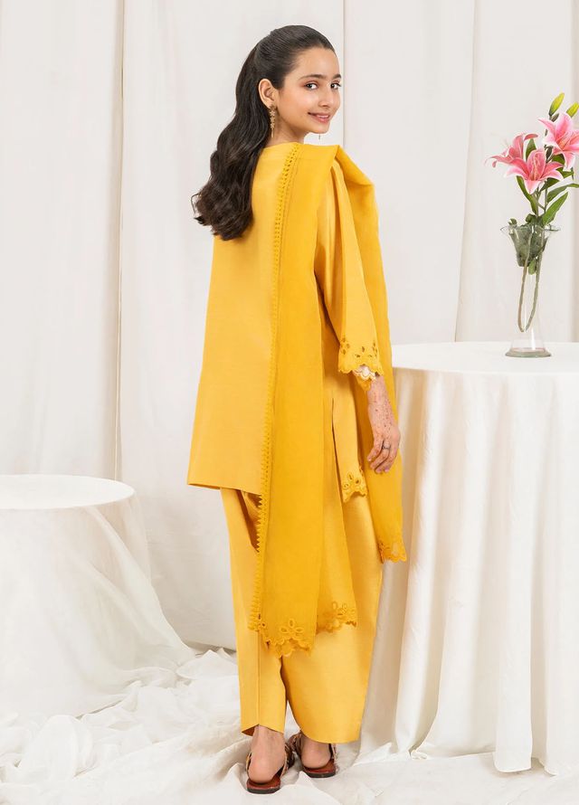 Fozia Khalid Pret Embroidered Silk 3 Piece Suit Saffron Kids