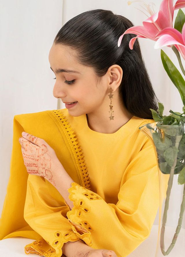 Fozia Khalid Pret Embroidered Silk 3 Piece Suit Saffron Kids