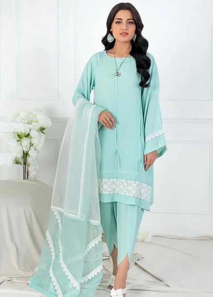 La Rosaa Pret Embroidered Raw Silk 3 Piece Suit FL01 TURQUOISE