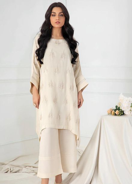 La Rosaa Pret Embroidered Raw Silk 2 Piece Suit FL06 BEIGE