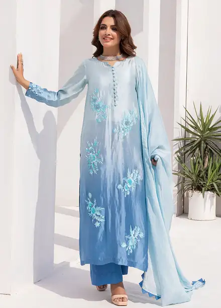 Grandeur Pret Embroidered Tissue Silk 3 Piece Suit Sapphire