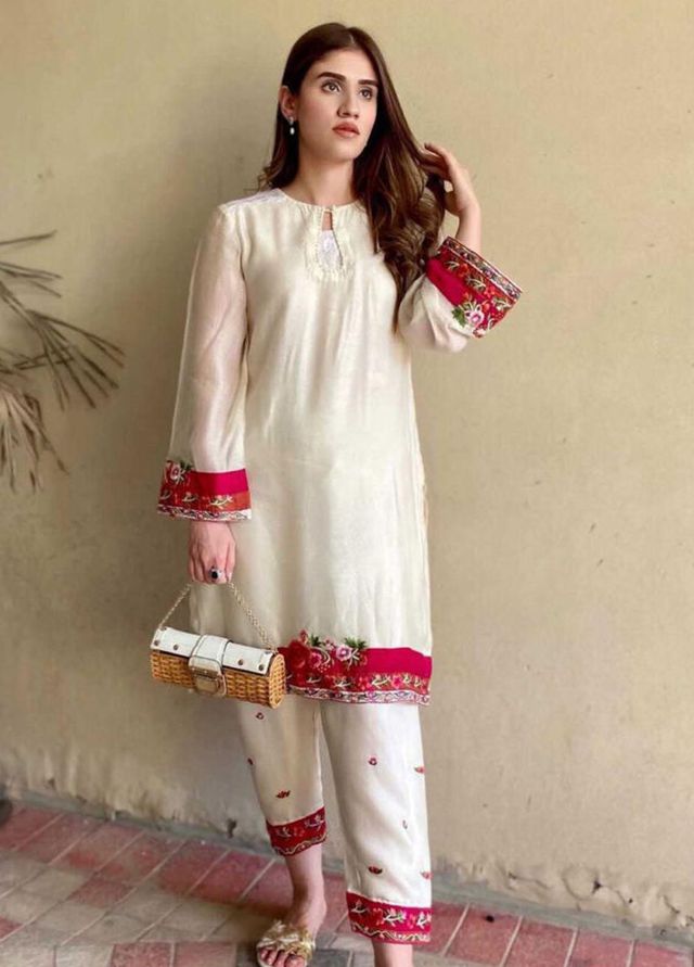Hues Atelier Pret Embroidered Cotton Net 2 Piece Suit HA23LP Kashmiri White
