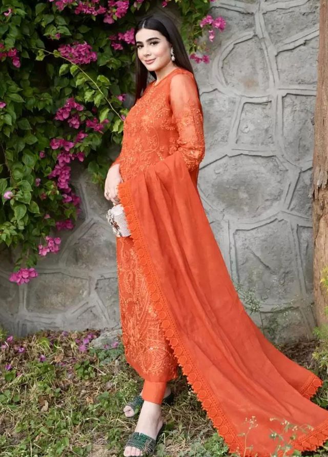 Hues Atelier Pret Embroidered Organza 3 Piece Suit HA23LP Rustic Orange