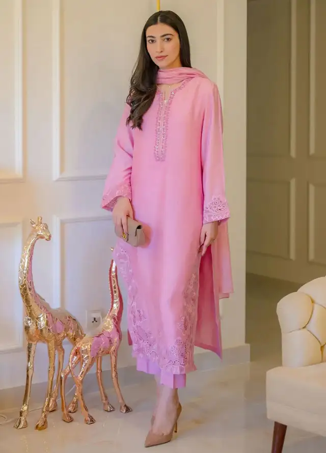 Hues Atelier Pret Embroidered Cotton Net 3 Piece Suit Dreamy Pink