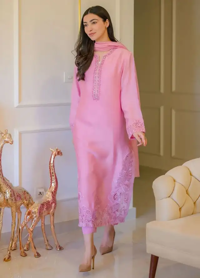 Hues Atelier Pret Embroidered Cotton Net 3 Piece Suit Dreamy Pink