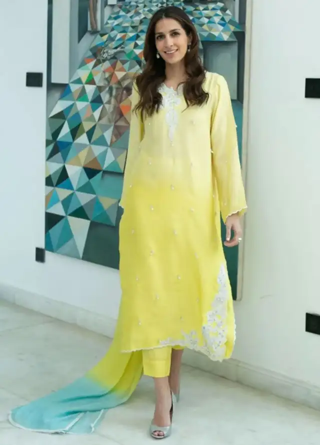 Hues Atelier Pret Embroidered Cotton Net 3 Piece Suit Ombre Yellow