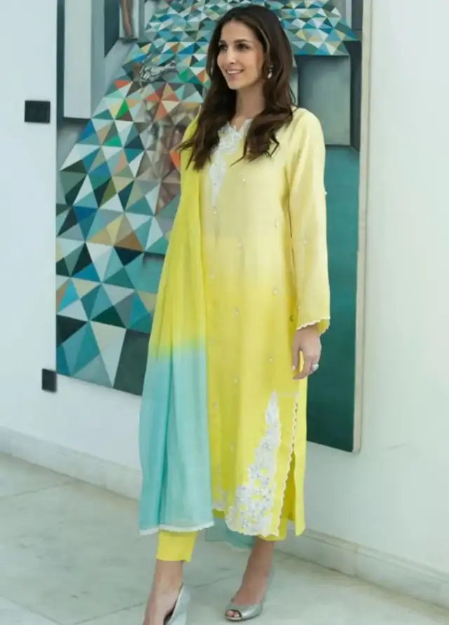 Hues Atelier Pret Embroidered Cotton Net 3 Piece Suit Ombre Yellow