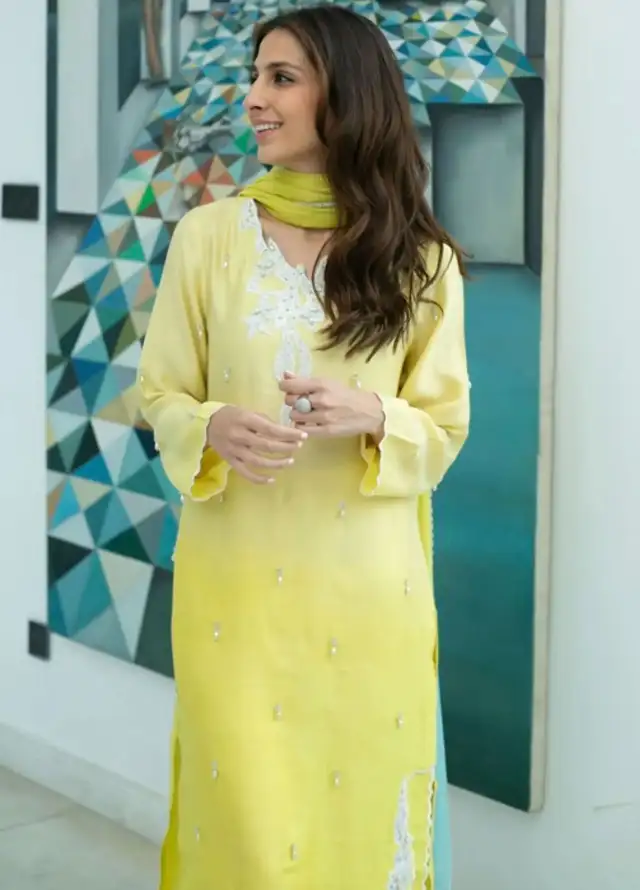 Hues Atelier Pret Embroidered Cotton Net 3 Piece Suit Ombre Yellow