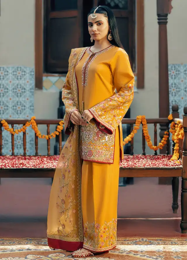 Jamnii Pret Embroidered Raw Silk 3 Piece Suit Rang-E-Mehfil