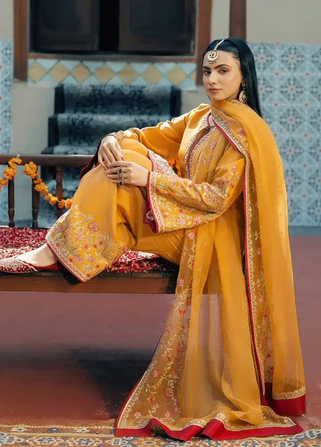 Jamnii Pret Embroidered Raw Silk 3 Piece Suit Rang-E-Mehfil