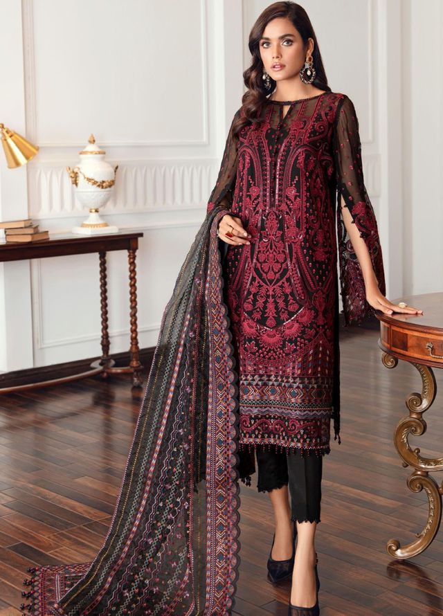 Jazmin Embroidered Chiffon Suits Unstitched 3 Piece JZ21EC 08-BLACK ROCOCO - Festive Collection
