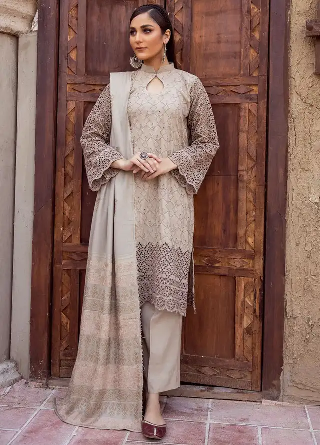 Mahees by Riaz Arts Embroidered Leather Peach Suits Unstitched 3 Piece RA24ML D-02 - Winter Collection