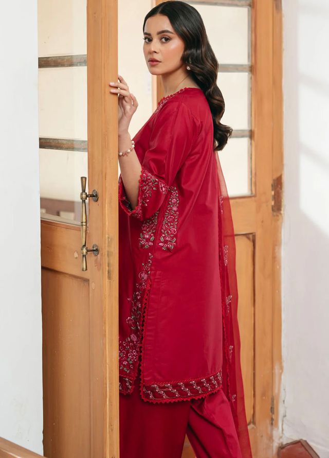 Mannat Clothing Pret Embroidered Lawn 3 Piece Suit Carmine