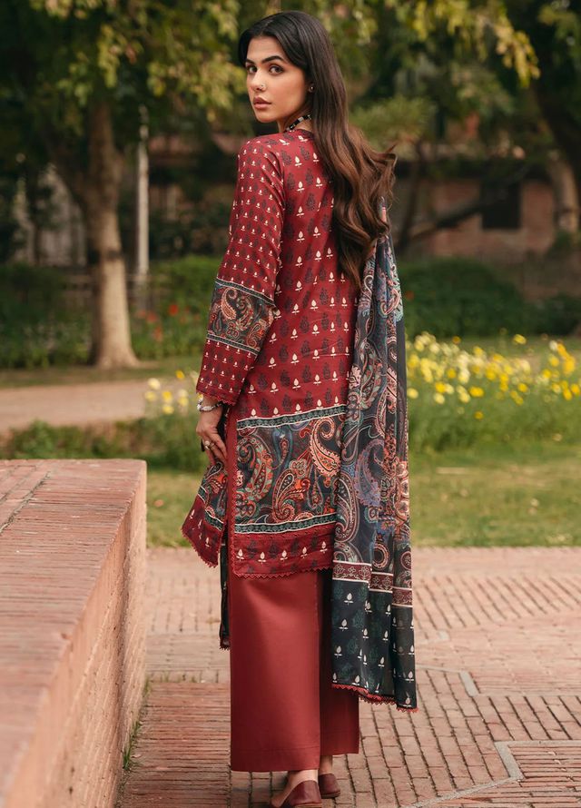 Mannat Pret Printed Cotton Lawn 3 Piece Suit Mahogany