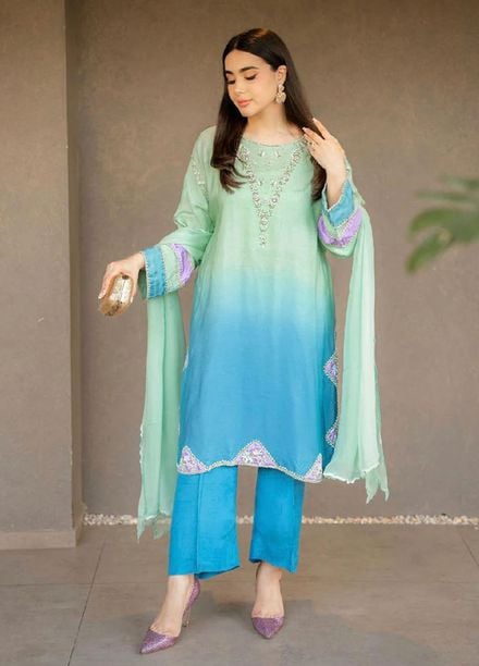 Maroon by Iqra Chaudhry Pret Embroidered khaadi net 3 Piece Suit Blue Mint