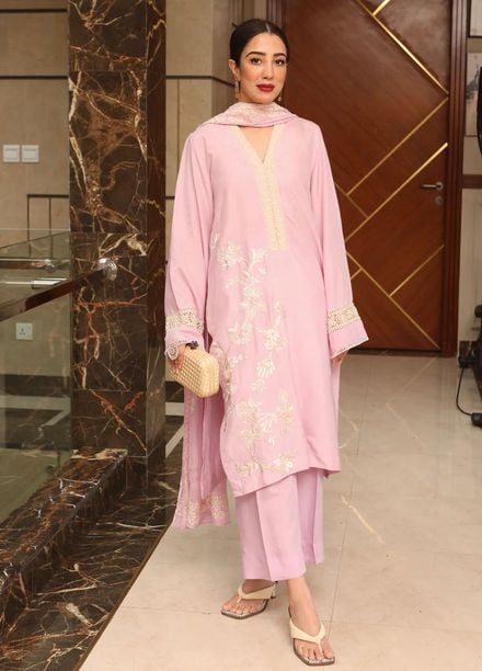 Maroon by Iqra Chaudhry Pret Embroidered Raw Silk 3 Piece Suit Misty Pink