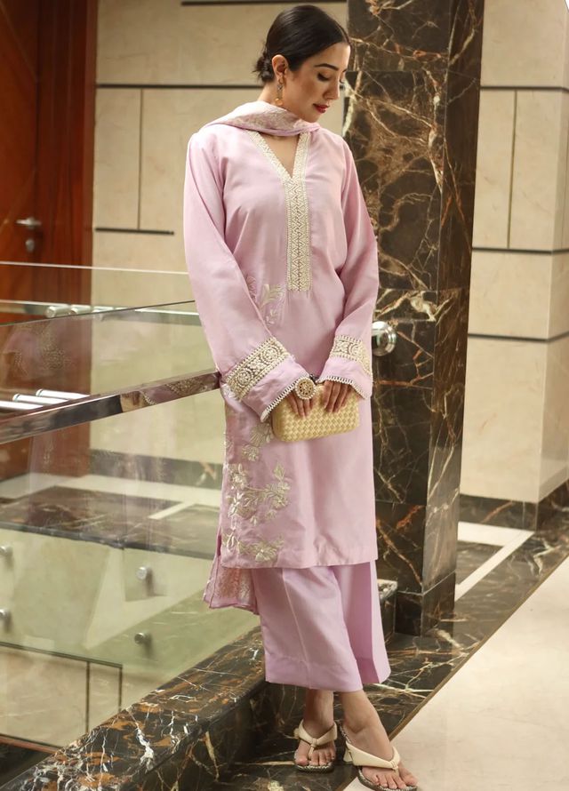 Maroon by Iqra Chaudhry Pret Embroidered Raw Silk 3 Piece Suit Misty Pink