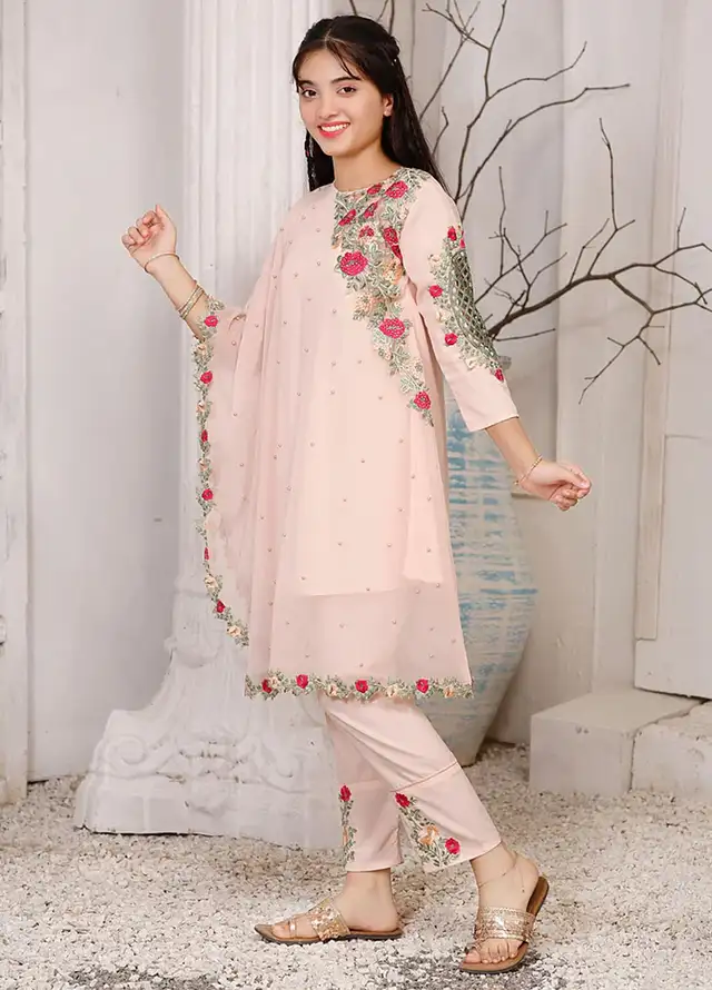 Modest Pret Embroidered Chiffon 3 Piece Suit Pearl Cape Shirt - Peach