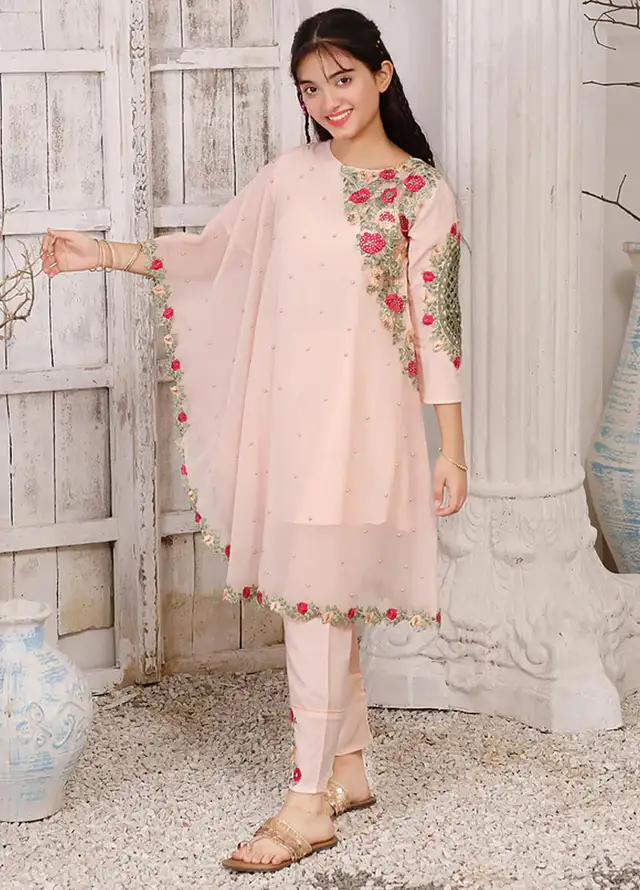 Modest Pret Embroidered Chiffon 3 Piece Suit Pearl Cape Shirt - Peach