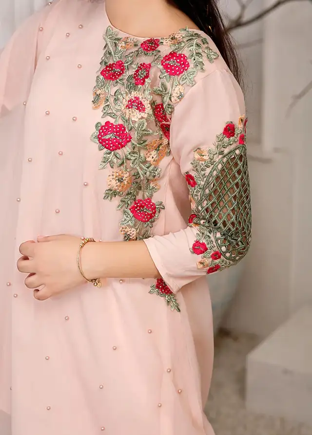 Modest Pret Embroidered Chiffon 3 Piece Suit Pearl Cape Shirt - Peach