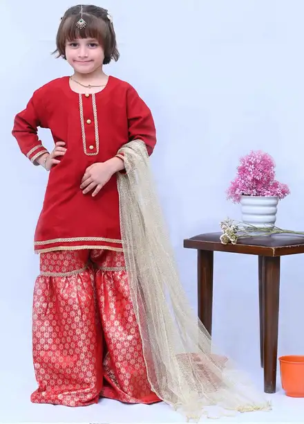 Mom4Little Pret Red Raw Silk Gharara Set