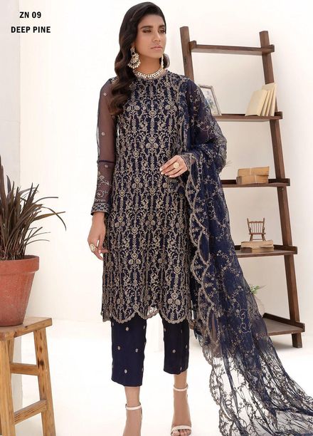 Nazneen By Zarif Embroidered Net Suits Unstitched 3 Piece ZF23N ZN 09 Deep Pine - Luxury Formal Collection