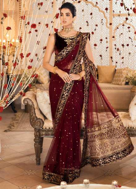 Noor by Saadia Asad Embroidered Velvet Saree Unstitched 3 Piece SA21WD D4 - Wedding Collection