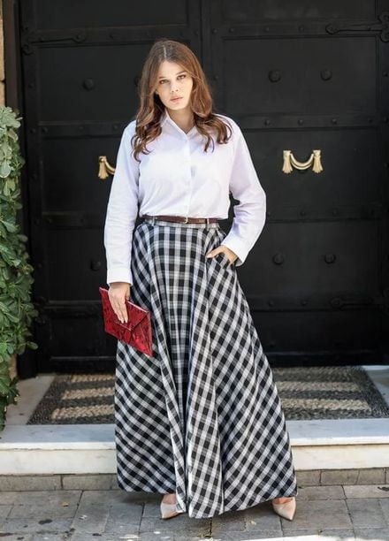 Old Money by Apricocia Pret Printed Cotton Skirt Black Checkered Skirt