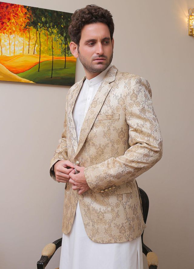 Real Image Jamawar Formal Coat for Men -  OC - 005 Gold Brown
