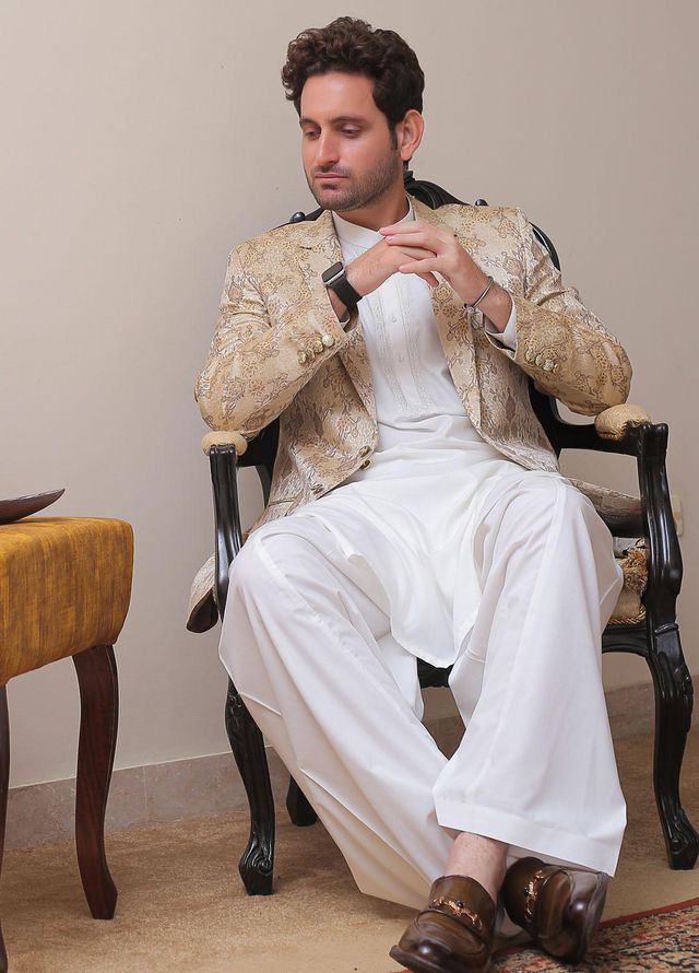 Real Image Jamawar Formal Coat for Men -  OC - 005 Gold Brown