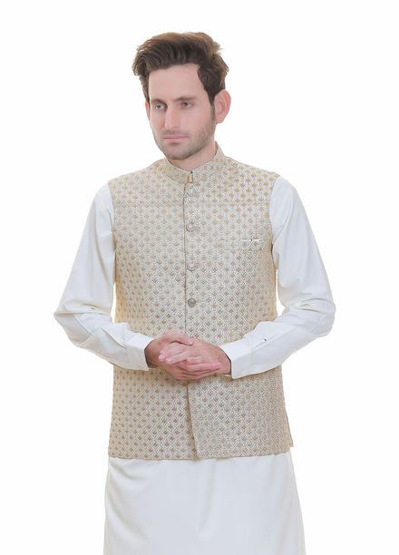 Real Image Jamawar  Waistcoats for Men -  W-100 Gold